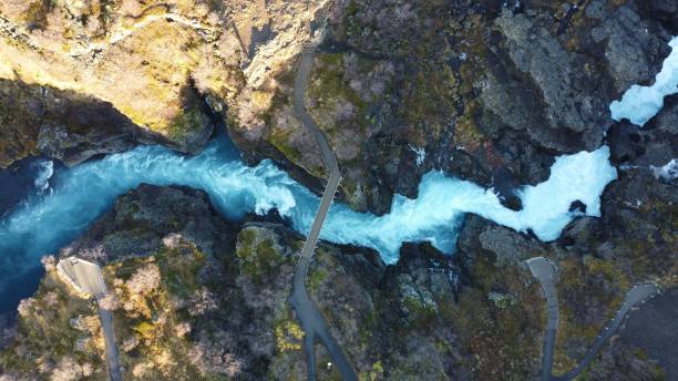 istock Aerial drone shot of a beautiful river between the cliffs with a bridge 1460457143