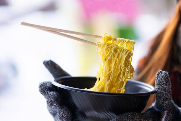 A bowl of ramen that has noodles picked up with chopsticks only to be frozen in a comical manner thanks to the extreme cold weather in Mahora,  Iwate. The coldest area on mainland Japan.