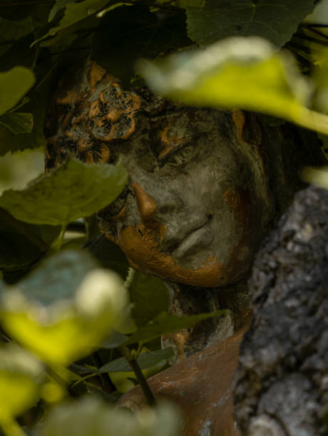 istock Vertical shot of an old statue covered with leaves 1460460498