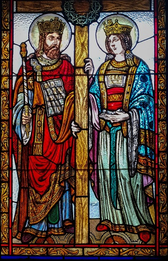 Targu Mures, Romania – October 27, 2022: Stained glass window representing the Saints Constantine and Elena in cathedral from Targu Mures city Romania