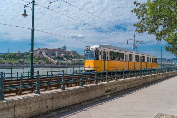 istock Yellow retro tram with the Buda castle in the background in Budapest 1460461064