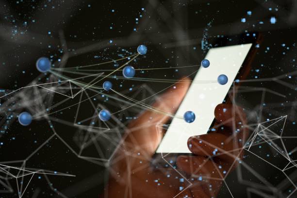 istock Hand holding a smartphone with a graphic of connected sphere dots - network, internet concept 1460462150