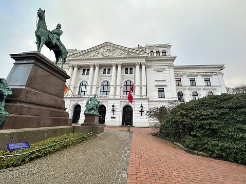 The Rathaus Altona town hall with statues in front of it in Hamburg, Germany