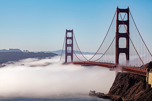 The famous Golden Gate Bridge in white sea fog, San Francisco, USA