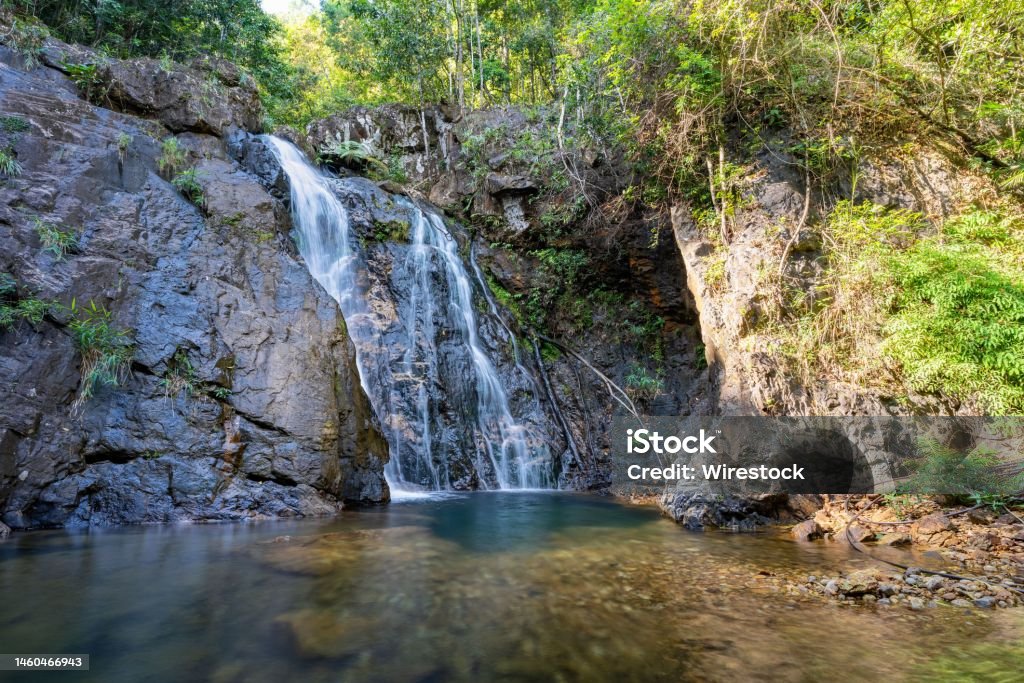 Foamy Khlong Nonsi waterfall surrounded by the green trees in Khao Sok national park Thailand The foamy Khlong Nonsi waterfall surrounded by the green trees in Khao Sok national park Thailand Beauty Stock Photo