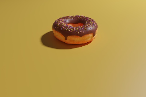Donut with chocolate icing and sprinkles, 3D Rendering Yellow background
