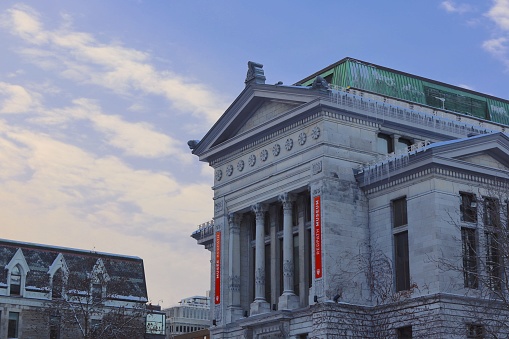 Montreal, Canada – December 27, 2022: An exterior view of Redpath Museum at McGill University under a winter sky