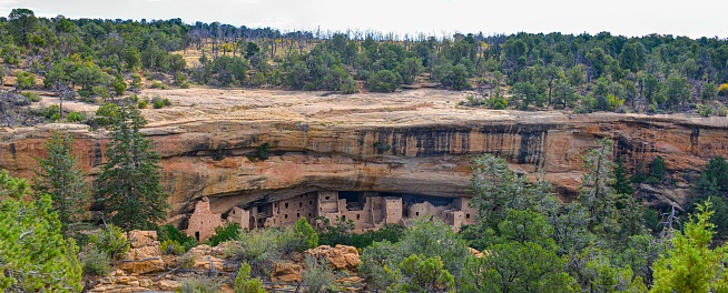 A panoramic view of Spruce Tree House Archaeological site in Mesa Verde National Park, Colorado