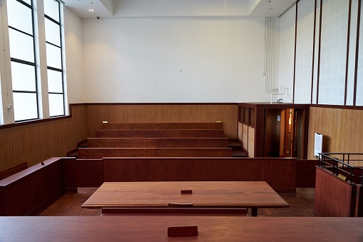 Judge's view inside of a court in Former Fanling Magistracy, Fanling, New Territories, Hong Kong