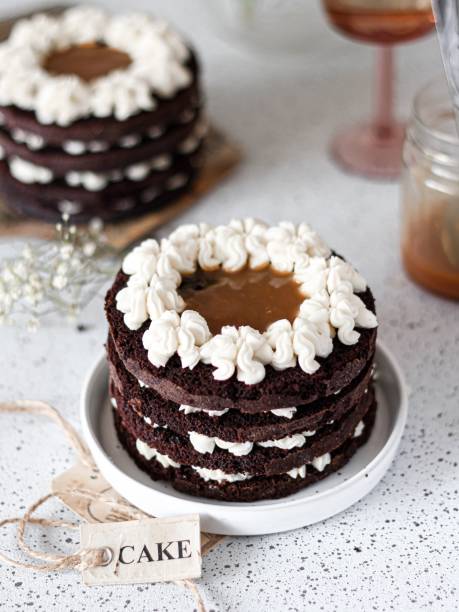 istock Chocolate cake with white frosting on a white plate 1460470965
