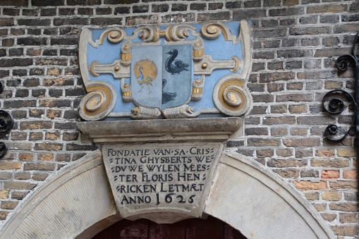 A closeup of coats of arms in Gouda, Netherlands