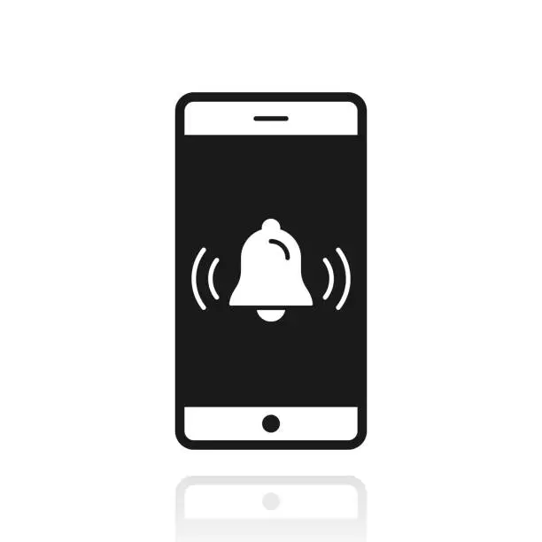 Vector illustration of Smartphone with ringing bell - Notification. Icon with reflection on white background