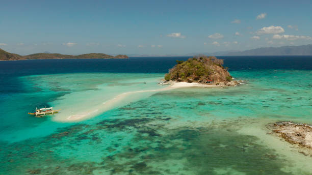 istock Small torpic island with a white sandy beach, top view. 1460473398