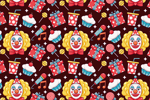Happy Birthday. Patterns of cake, clown, ice cream, balloons, gifts, wine and candy