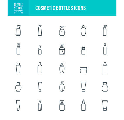 Cosmetic Bottles Icon Set. Editable Stroke. Contains such icons as Beauty Product, Shampoo, Moisturizer, Hand Sanitizer, Skin Care, Lotion