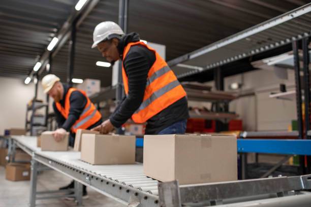 istock Two male warehouse workers on a packing and delivery production line 1460477857