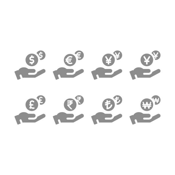 ilustrações de stock, clip art, desenhos animados e ícones de human hand and money dropping coin icon set - british currency pound symbol finance recovery