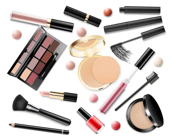 Vector illustration of Makeup set. Realistic cosmetic products: eye shadow, powder, blush, eyeliner, concealer, lipstick and lip gloss, foundation, nail polish, mascara, and makeup brushes isolated on white background.