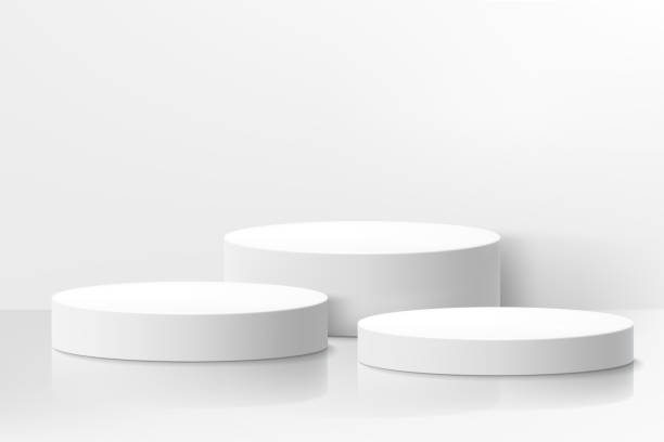 istock Set of white blank round pedestals or podiums on white background. Abstract high quality 3d concept. Pedestals. Scene. Boxes. Realistic vector illustration. Can be add on banners flyers or web. 1460479052