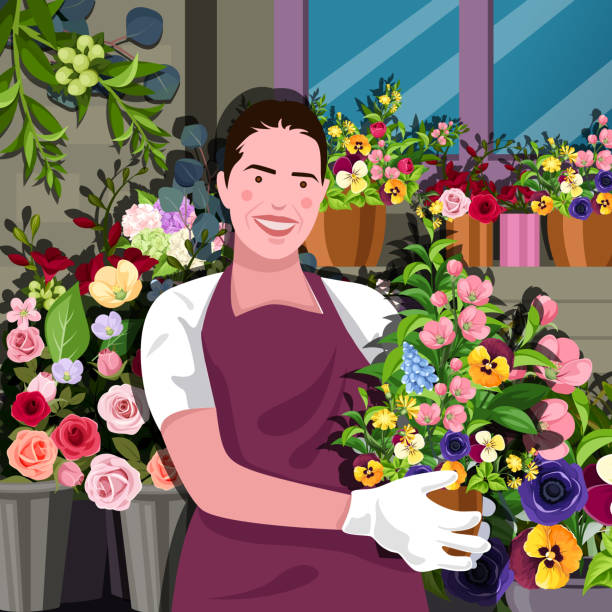 illustrazioni stock, clip art, cartoni animati e icone di tendenza di bella giovane donna fiorista in piedi davanti al negozio di fiori con il sorriso - florist flower shop store owner