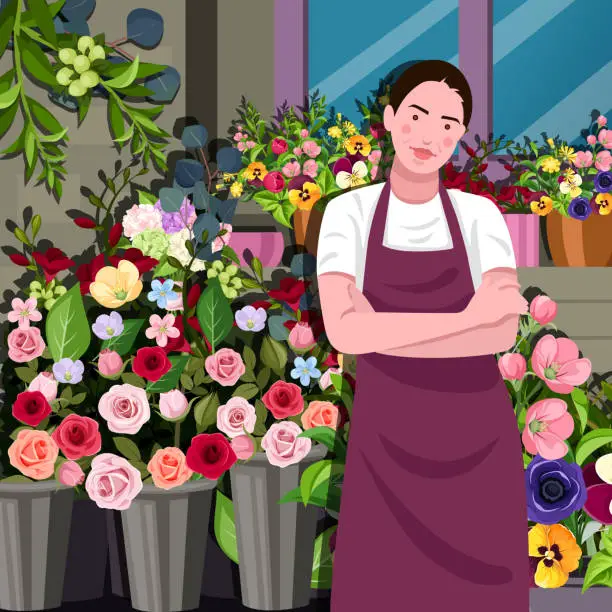 Vector illustration of Beautiful Young woman Florist Standing in front of Flower shop with smile