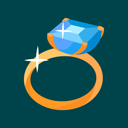 Marriage ring with big blue diamond icon. Cartoon golden ring, wedding design element.