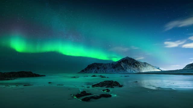 Northern lights, aurora borealis over Flakstad beach in Norway