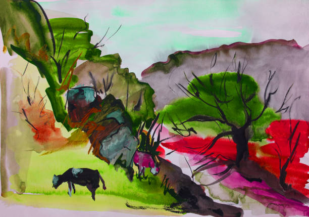 istock illustration painting watercolor  landscape mountain slopes with grass trees pastures grazing cows against a sky 1460487926