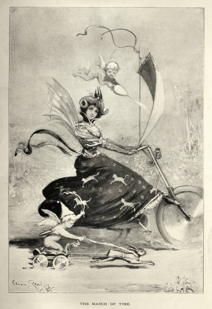 Young woman, witch, riding a fantastical magic bicycle, Fairy, Steam punk fantasy, The March of Time, 1890s comic caricature Vintage illustration Sketch of Young woman riding a fantastical magic bicycle, Fairy, Steam punk fantasy, The March of Time, 1890s comic caricature steampunk woman stock illustrations