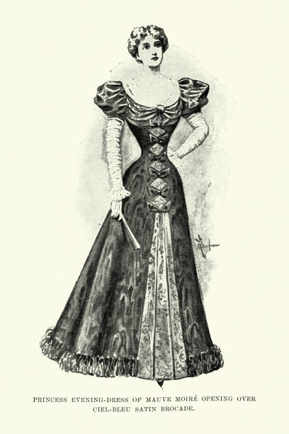 Victorian ladies fashions of the 1890s, Princess Evening Dress of Mauve moire opening over ciel-bleu satin brocade Vintage illustration Victorian ladies fashions of the 1890s, Princess Evening Dress of Mauve moire opening over ciel-bleu satin brocade ciel bleu stock illustrations