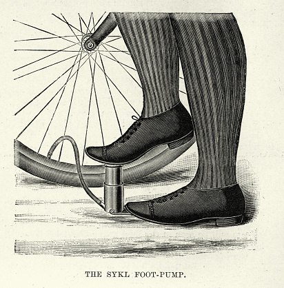 Vintage illustration Sykl portable foot pump for bicycles, Victorian 1890s, 19th Century