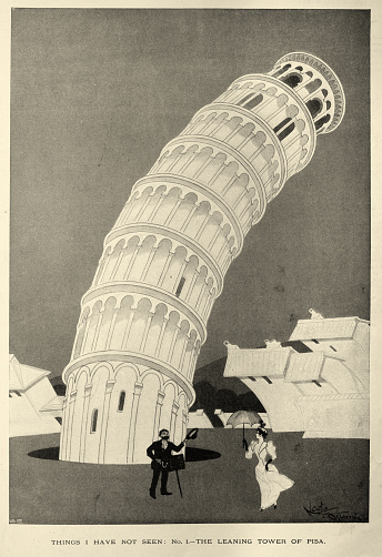 Vintage illustration Comic sketch of the Leaning Tower of Pisa, Victorian 1890s, 19th Century cartoon humour