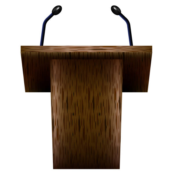 istock 3D realistic empty wooden announcement lecture speech podium or pedestal stand with microphone isolated on white background 1460489396
