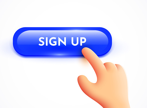 Hand pressing the sign up button. Vector illustration