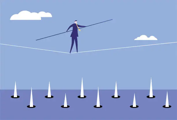 Vector illustration of Business man walking on barbed wire rope