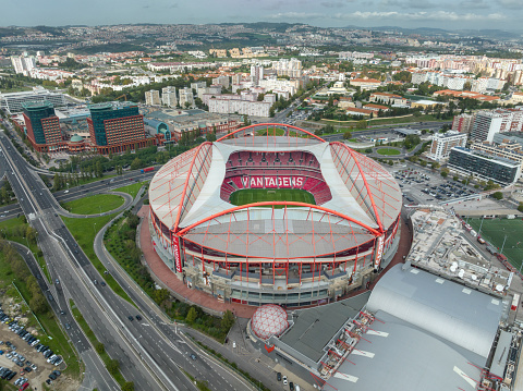 Estadio do Sport Lisboa e Benfica. Multi-purpose Stadium located in Lisbon, Portugal. Drone Point of View. Football Stadium