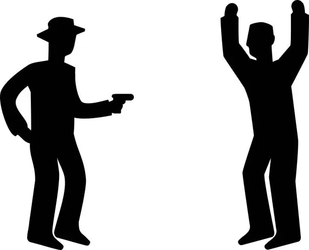Vector illustration of Silhouette of a man raising his hand at gunpoint / illustration material (vector illustration)