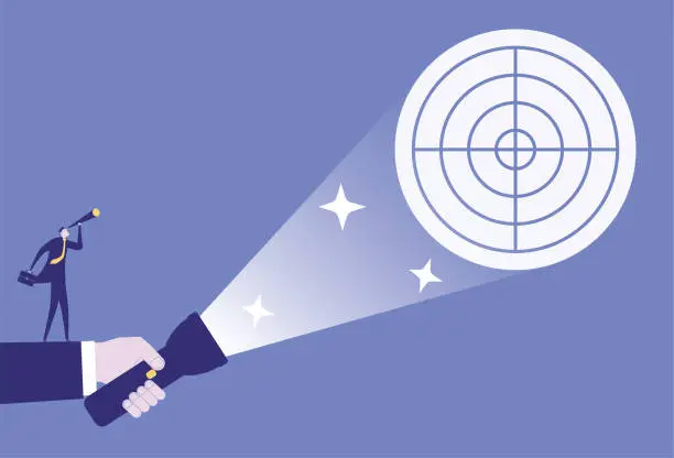 Vector illustration of Using a flashlight to help a business man to see the bullseye with a binoculars