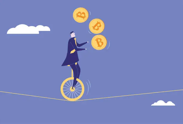 Vector illustration of Business man performing acrobatics with bitcoins on a wire rope