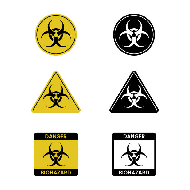 illustrazioni stock, clip art, cartoni animati e icone di tendenza di set di icone di avvertimento sui rischi biologici. - toxic waste illustrations