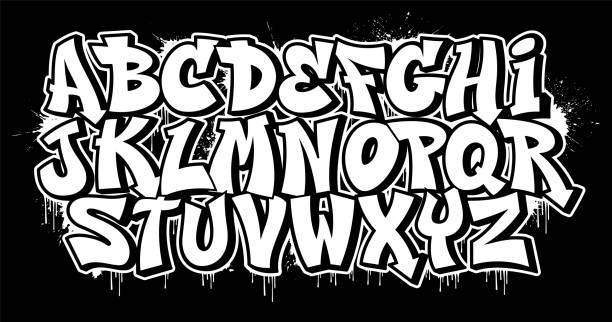 illustrations, cliparts, dessins animés et icônes de police décorative noir et blanc dans le style graffiti avec effet spray - graphiti