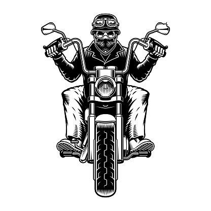 Vector illustration of a skeleton in bandana on a motorcycle