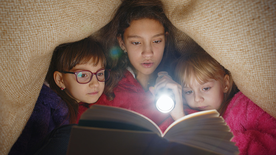 Teen girl and toddler child sisters under blanket plaid covers with flashlight reading interesting fairytale story book using flashlight. Female three siblings children kids friends in wigwam at home