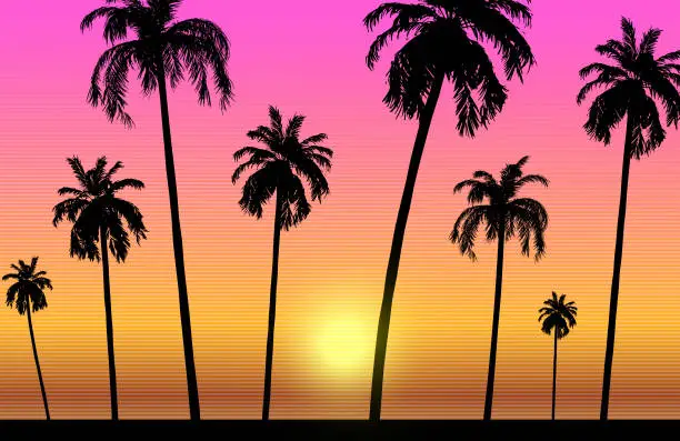 Vector illustration of Synthwave retro background - palm trees