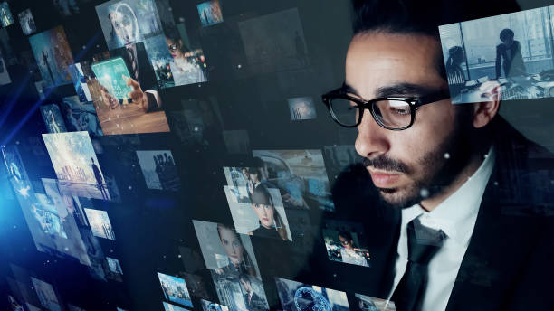 istock People watching hologram screens. Digital contents concept. Social networking service. Streaming video. communication network. 1460498814