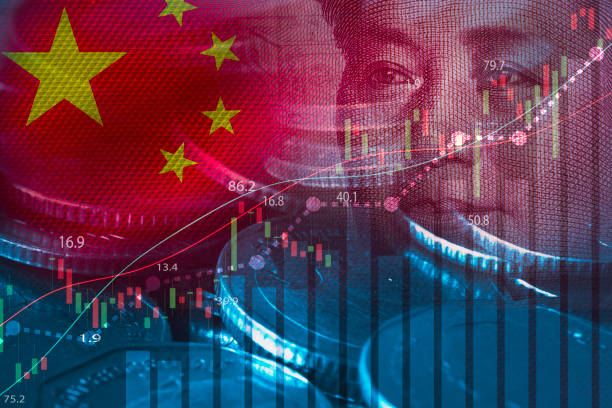 двойная экспозиция мао цзэдуна из банкноты и монет юаня с графиком фондового рынка для роста экономики китая и концепции инвестиционной то - mao tse tung стоковые фото и изображения