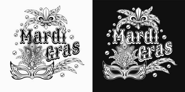 ilustrações de stock, clip art, desenhos animados e ícones de carnival mardi gras label with fleur de lis symbol, feathers, mask, beads - peacock feather outline black and white