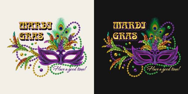 Carnival Mardi Gras label with masquerade mask, feathers, sting of beads, text Have good time. For prints, clothing, t shirt, surface design. Vintage style