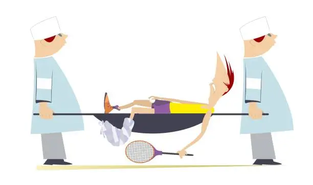 Vector illustration of Injured tennis player, two physicians with a stretcher
