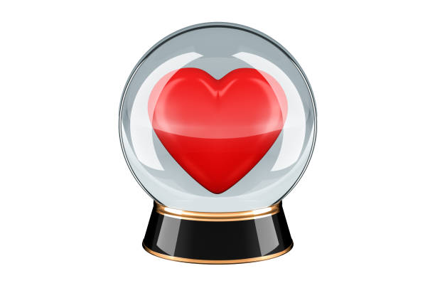 Future love prediction concept. Crystal ball with soccer red heart. 3D rendering isolated on white background